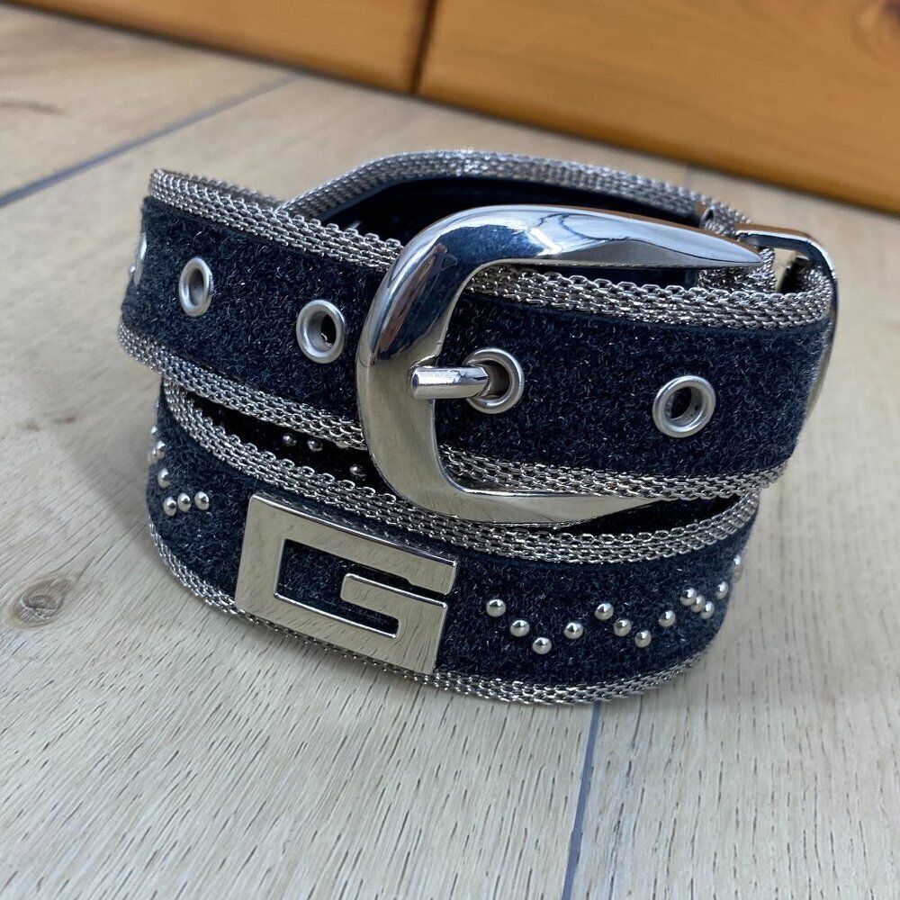 G By Guess Shimmer Studded Belt Silver Mesh Y2K Sz 32-36